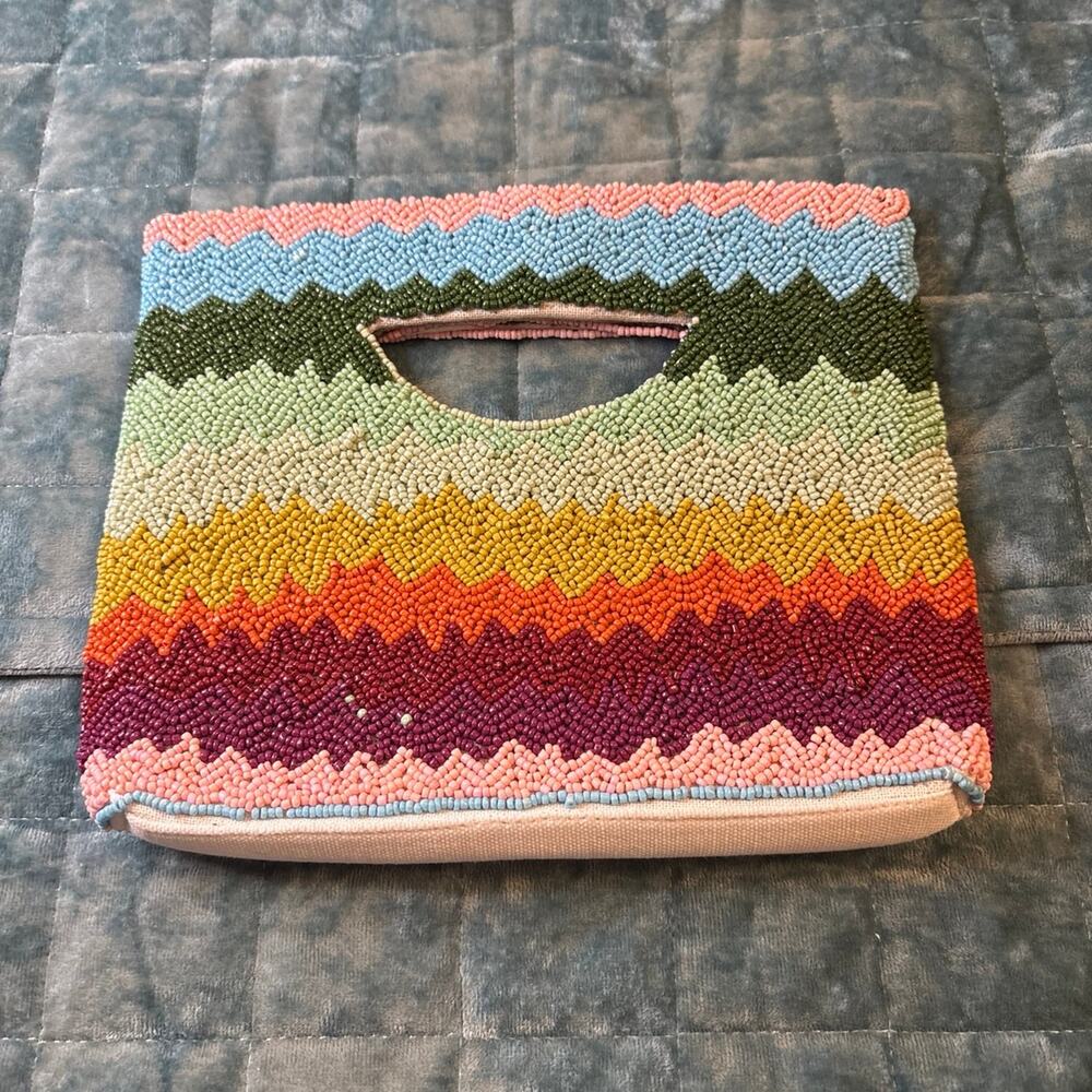 Jen & Co. Livy Beaded Clutch Bag Stripe Multi Rainbow - NWT but one stain
